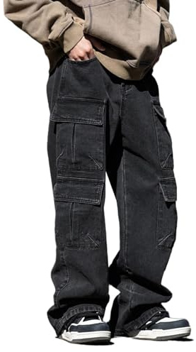 Baggy Cargo Jeans Men Teen Boys Casual Loose Jeans Flap Pockets Y2k Denim Pants 90s Hip Hop Streetwear, Black, Medium
