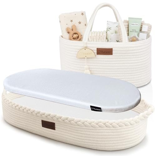 Yunioo Wickelkorb mit Matratze & Windelkorb Set – Baumwollseil Wickelaufsatz, Wickeltisch Organizer, Aufbewahrungskorb Baby, Neugeborene Erstausstattung, Boho