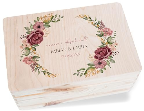 Holzkiste - Erinnerungsbox Unsere Hochzeit mit Rosen Blumenkranz Personalisiert | Hochzeitsgeschenke - 30x20x14 cm - Holz - geschenke für brautpaar￼ box liebe brautpaar kranz erinnerungskiste