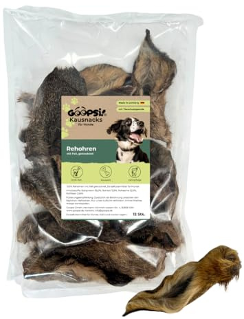 GOOPSI Rehohren für Hunde 12 Stück – Ohren mit Fell, Kauartikel Hund – Wild, Hundeleckerli Naturkausnack, Kauknochen Hund, Zahnreinigung, Kauspaß, aus Deutschland