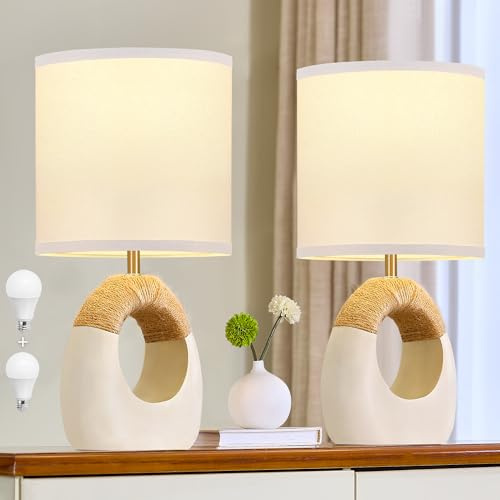 EJIAXIN Table Lamp for Bedroom Set of 2 - Bedside Table Lamps with Adjustable Color Temperatures - Boho Rattan Lamps for NightStands Small White Farmhouse Living Room Lamps for Reading Bulbs Included