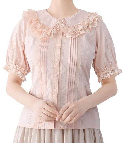 Cuteighteen Lolita - Blusas de manga corta para mujer, cuello Peter Pan, estilo victoriano, vintage, kawaii, encaje, con volantes, a la moda, para el verano, Rosado, XL