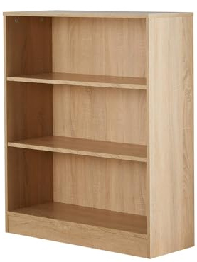 Home Source Low Bookcase, Compact Open Adjustable Shelves, Display Storage Cabinet, 3 Tier, Oak Effect