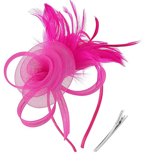 AQOKKA Women Fascinators Hats Flower Fascinators with Headband and Clip Tea Party Headwear for Women and Girls Fuschia
