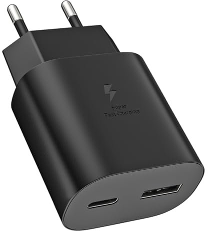 Caricatore USB C, 25 W, 2 porte, USB A e USB C, alimentatore di rete per Samsung Galaxy S25 S24 S23 S22 S21 S20 S10 A56 A55 A54 A53 A36 A35 A16 A15 A05s A04s Z Flip 7/6 - Connettore per cellulare