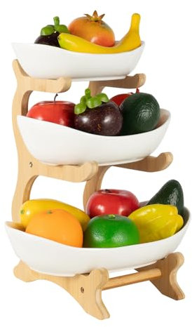DUOSAMY Fruit Plate Set 3 Tiered Fruit Basket Ceramic Fruit Bowl, Vegetable Storage for Kitchen Counter, Bamboo Porcelain Fruit Stand Holder Large Capacity, for Kitchen Party Restaurant (White)