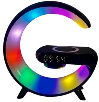 OrionMart Alarm Clock G Shaped Bedside Lamp Wireless Charger & Speaker | Color Changing Table Lamp Night Light - Premium Gift Idea