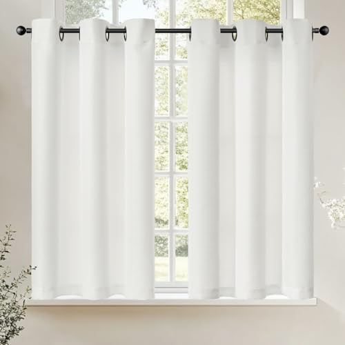 TOPICK Scheibengardinen Küche 2er Set 90Hx95B Weiß Bistrogardine mit Ösen | Bistrogardine Modern Gardinen Kurz Lichtdurchlässig Leinenoptik Küchengardinen für Kleine Fenster Wohnmobil Küchenfenster