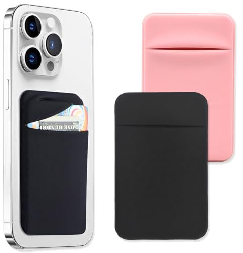 JEYORZY 2 pcs Porte-Cartes pour téléphone avec Autocollant Adhésif pour l'Arrière du Téléphone, Pochettes Extensibles en Tissu pour Carte d'Identité, Carte de Crédit, Portefeuille à Coller, Noir, rose