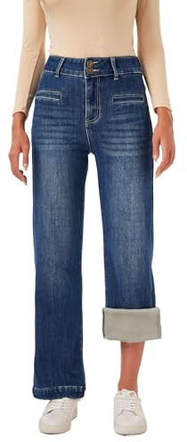 heipeiwa Women's Fleece Lined Jeans Wide Straight Leg Winter Jeans High Waisted Thermal Flannel Lined Jean Denim Pants Dark Blue