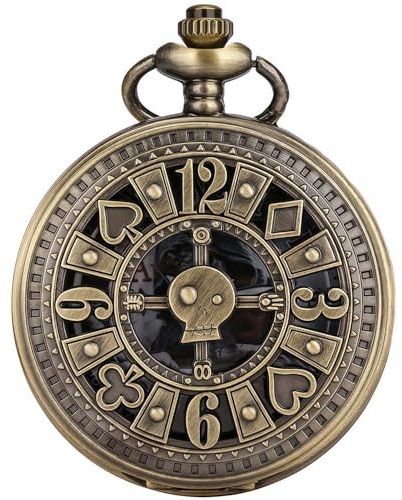 DerMacht Vintage Pocket Watch Skull Poker Pattern Antique with Chain Halloween Bronze