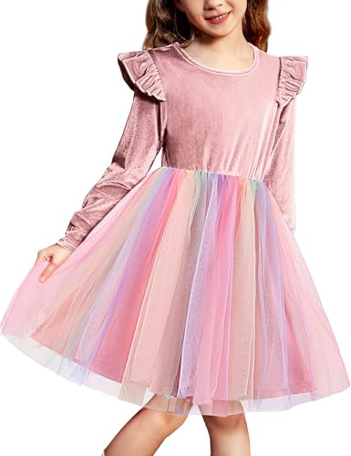 Arshiner Abito Festivo per Bambine e Ragazze Abito in Velluto Tulle da Festa Rosa Invernale a Maniche Lunghe Vestito da Principessa per Matrimoni Natalizio 120/5-6 Anni