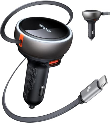 Mcdodo Einziehbares Auto Ladegerät 80W 3 in1 Kfz Ladegerät für 12V/24V Zigarettenanzünder (45W+36W) Schnellladung via USB-C und USB-A kompatibel mit iPhone 16/15/14/13, MacBook, iPad, Xperia, Galaxy