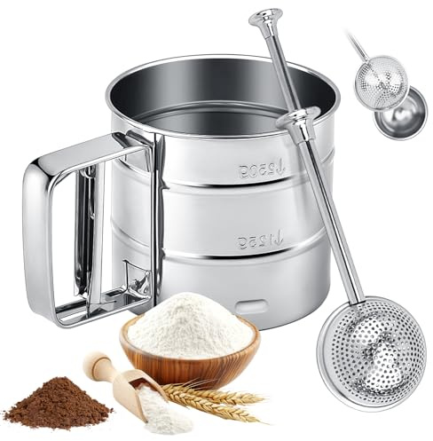 Flour Sifter for Baking, Fine Mesh Flour Sieve Strainer, Hand Press Crank Baking Sifter, Powder Strainer, Powder Sieve, Sugar Shaker Duster