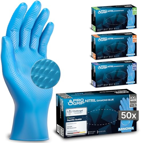 PROGRIP Disposable Gloves Blue, Disposable Gloves Extra Strong Nitrile Gloves XXL, 2x Thicker, Disposable Diamond Structure Gloves Work Gloves for Workshop, Industrial & Assembly, 50pcs/box
