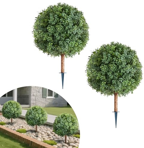 VEVOR Artificial Topiary Boxwood Trees with Ground Spike, 2 Set 686mm Faux Shrubs & Bushes Potted Plants, Fake Silk Tree Look Real for Decor Front Porch Outdoor Indoor Patio Garden Balcony Backyard