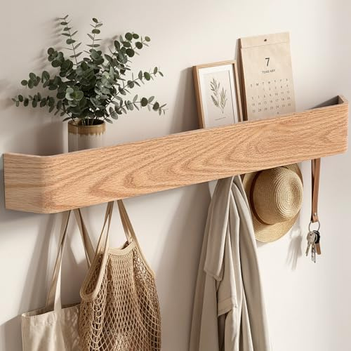 Soontrans Garderobenleiste, 88x10x7.5cm, Wandgarderobe mit Ablage, 10 Verdeckten Garderobenhaken, Kleiderhaken Wand, Hakenleiste Garderobe für Eingang, Flur, Wohnzimmer und Schlafzimmer(Holzfarbe)