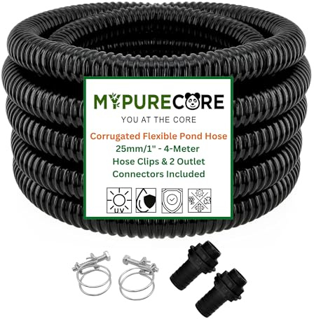 MYPURECORE Corrugated Flexible Pond Hose Set – 25mm / 1 PVC Hose with 2 Double-Wired Metal Clips & 2 Barbed Water Tank Outlet Connectors – for Pond Pumps, Waterfalls & Drainage (4-Meter)