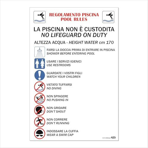 TLDSHOP® - Cartello Segnaletico in ALLUMINIO (DiBond di spessore 3mm) - Dimensione 30x45cm - Segnaletica di sicurezza - Pezzi 1: (REGOLE PISCINA)
