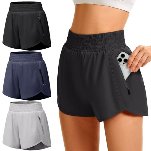 GetGigt 3 Pack Women's Running Shorts with Zipper Pockets High Waisted | Elastic,Quick Dry,Moisture Wicking,Lightweight,Gym Short with Liner For Ladies,Sports Shorts for Workout Yoga Training