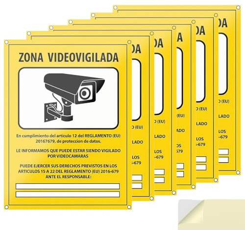 Carteles Cámara de Vigilancia PACK 6 - Zona Videovigilada Homologados RGPD - PVC 20x15 cm - Placas Seguridad Interior Exterior Autoadhesivas
