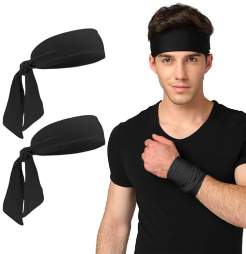 2er Pack Sport Stirnbänder Schwarz, Schweißabsorbierende Kopf- und Haarbänder zum Binden für Männer und Frauen, Ideal für Fitness, Laufen, Kampfsport, Yoga