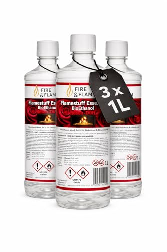 Bioethanol Rosenduft Ultra Premium – 3 x 1L Flamestuff Essence 96,6% Brennstoff – dezenter Rosenduft – 1 Liter Flaschen - Rauchfrei für Ethanol Kamin, Tischkamin & Wandkamin – Indoor Feuerstelle