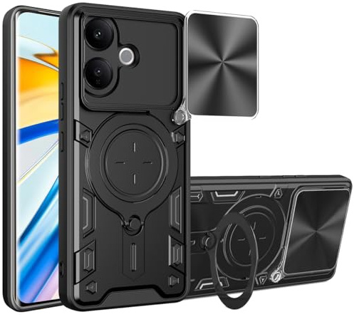 HOJODDO Funda para Motorola Moto E20 / E30 / E40, Carcasa con Soporte de Anillo Metálico Rotativo 360° y Tapa de Lente, Funda Protectora Antihuellas.Negro