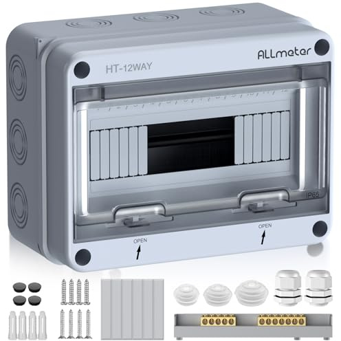 ALLmeter Tableau électrique pour 12 modules, Coffret électrique étanche IP65, Boîte à fusibles en saillie avec bornes et rails intégrés pour intérieur et extérieur
