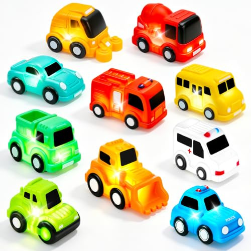 JoiTale Light Up Bath Toys, 10 Pack No-Hole No-Mould Bath Cars for 1-3Y | Sealed No-Hole Anti-Mould, Vibrant LED Lights, Smooth Edges, Safe PVC, Baby Size, Sensory Bath Toy, Toddlers Bathtub Toys