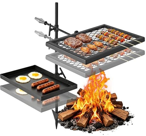 VEVOR Campfire Grill Swivel with Grill Grate Grill Plate Carbon Steel 360° Height-Adjustable Swivel Grill with Grill Stand, Rotating Outdoor Grill for Open Fire, Camping and Garden