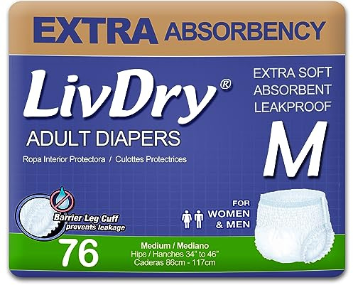 LivDry Adult Incontinence Underwear, Extra Absorbency Adult Diapers, Leak Protection, Medium, 76-Pack