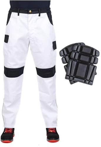 JM Workwear Arbeitshose + Knieschützer Arbeitshose Weiß Multifunktion Bundhose Arbeitskleidung (50)