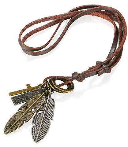 Flongo Damen Halskette Herren Anhänger Lederkette Anhänger Kette Schwarz Braun Feder Blätter Kreuz Schrift Tag Verstellbar Kette Herren-Accessoires
