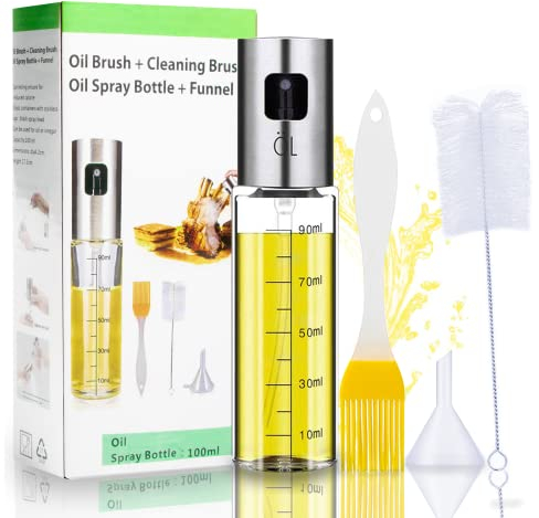 tEEZErshop Öl sprüher mit Skala,zum Kochen 4 in 1 nachfüllbare Öl&Essig Flasche mit Backpinsel, Flaschenbürste und Öltrichter Oil Sprühflasche zum Grillen, Backen, Salat Machen