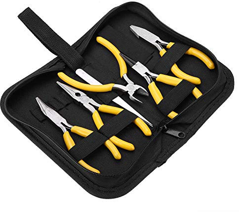 Jewelers Pliers Set, 5Pcs Jewelry Pliers Craft Tools Kit with Organized Zipped Case, Round Bent Nose Beading Making DIY Mini Pliers Set Circlip Pliers Set for Jewellery Craft Making