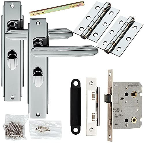 Door Handle & Bathroom Lock Pack - Chrome Art Deco Premium Thumb Turn Backplate | Complete Matching Set for 1x Interior Door - Handle, Hinges & Thumb Turn Bathroom Lock & Latch | Privacy WC Toilet