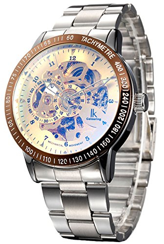 Alienwork IK Orologio Automatico Uomo Donna Argento Bracciale in Acciaio Oro Scheletro Fondo in Vetro