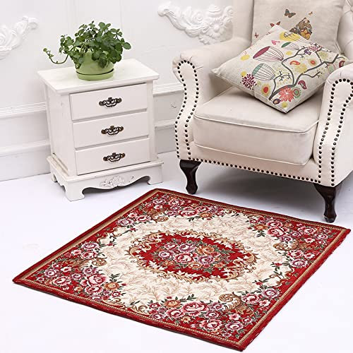 makeups69 Teppich Quadratisch rutschfest waschbarer, Teppiche Orientteppich Webteppich Kurzflorteppich für Wohnzimmer Schlafzimmer Esszimmer，Weinrot, rosa Rose, klassisches Design 150 x 150 cm