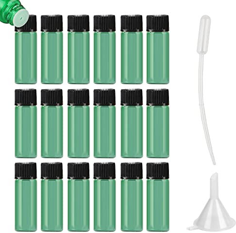 ZEOABSY 20 Stück Kleine Leer 5ml Grünglas Flasche mit Öffnungsreduzierer, Braun Tropfflasche mit Schwarz Schraubverschluss Glasflaschen für Ätherisches Öle Essenzen Aromatherapie