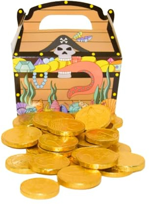 200g Goldmünzen aus Milchschokolade plus 1x Piraten-Schatzkiste aus Karton I ca. 25 Stück I Ideal als Mitgebsel und für Kindergeburtstage Schatzsuche Goldschatz