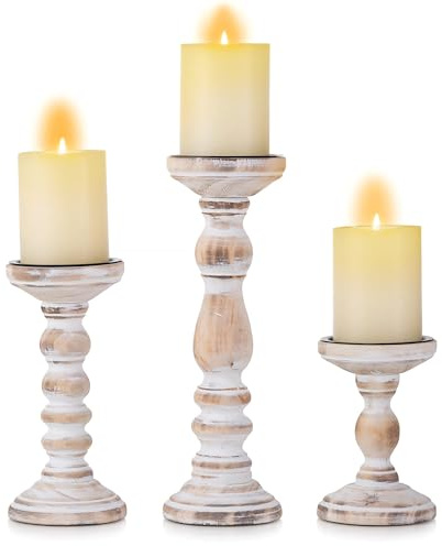 Inweder Rústico Portavelas de Madera con Pilar - 3 Portavelas de Madera con Pilar Juego de Portavelas de Color Blanco Envejecido Portavela para Centros de Mesa de Boda Decoración Habitación Hogar