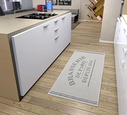 HANSE Home Brasserie de París Alfombra de Cocina – Alfombra de Cocina con inscripción, Antideslizante, fácil de Limpiar, Resistente, para Cocina, Pasillo, Comedor, Color Crema Gris, 62 x 150 cm