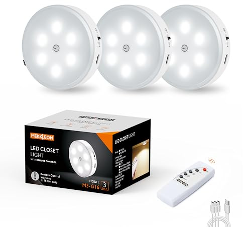 Puck Lights mit Fernbedienung,1000mAh wiederaufladbare Unterschrankbeleuchtung,LED Schrankbeleuchtung,3Pack Nachtlicht,Schnurlose Stick On Lights für Unterschrank, Flur, Treppe, Schrank (Cool White)