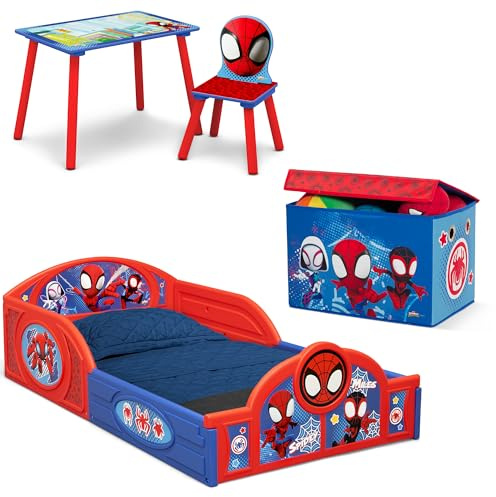 Delta Children - Marvel Spidey and His Amazing Friends 4-Piece Toddler Room-in-a-Box Set – Includes Sleep and Play Toddler Bed, Table, 1 Chair and Fabric Toy Box, Blue/Red