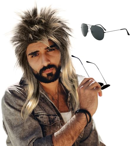 EUPSIIU Perruque Mulet Homme des années 80 Perruque Hippie avec Lunettes de Soleil pour Carnaval Halloween Hippie Deguisement Punk Gothique Rocker Kit Afro Style Disco 70's (Blonde)