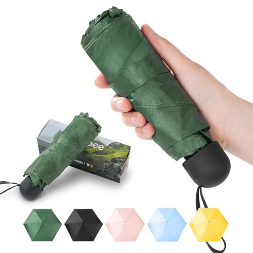 Chakipee Mini Regenschirm Klein Taschenschirm Mit 6 Rippen kompakt Faltbar Leicht Im Freien UV Schutz Regenschirme 260T Stoff kleiner Schirm für Sonne und Regen Grün