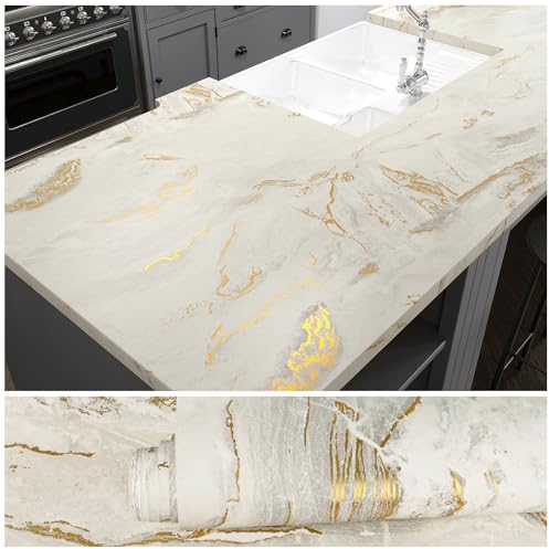 VEELIKE Klebefolie Marmoroptik Beige Matt Marmor Tapete Selbstklebend Mamorfolie für Küche Arbeitsplatte Marmortapeten Wand Gold Küchentapete Abwaschbar Dick Wandtapete Badezimmer Tisch 40cm×300cm