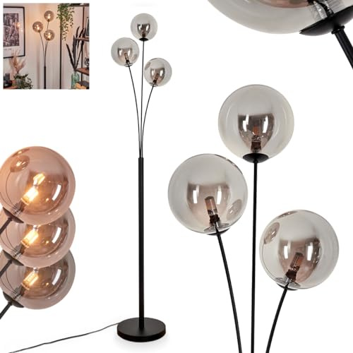 Stehleuchte Bernado, Stehlampe aus Metall/Glas in Schwarz/Rauchfarben, Leuchte im modernen Retro/Vintage-Design mit Schirmen aus Glas (Ø 15 cm), dimmbar über Fußschalter, 3 x G9, ohne Leuchtmittel