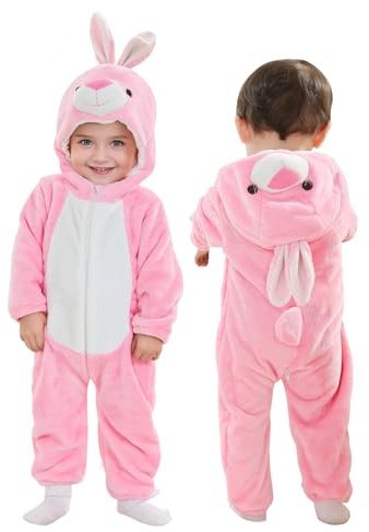 Doladola Babysparkdräkt för pojke och flicka, djurhuva, onesie, småbarn, overall, höst- och vinterkläder(3-4 år,rosa kanin)